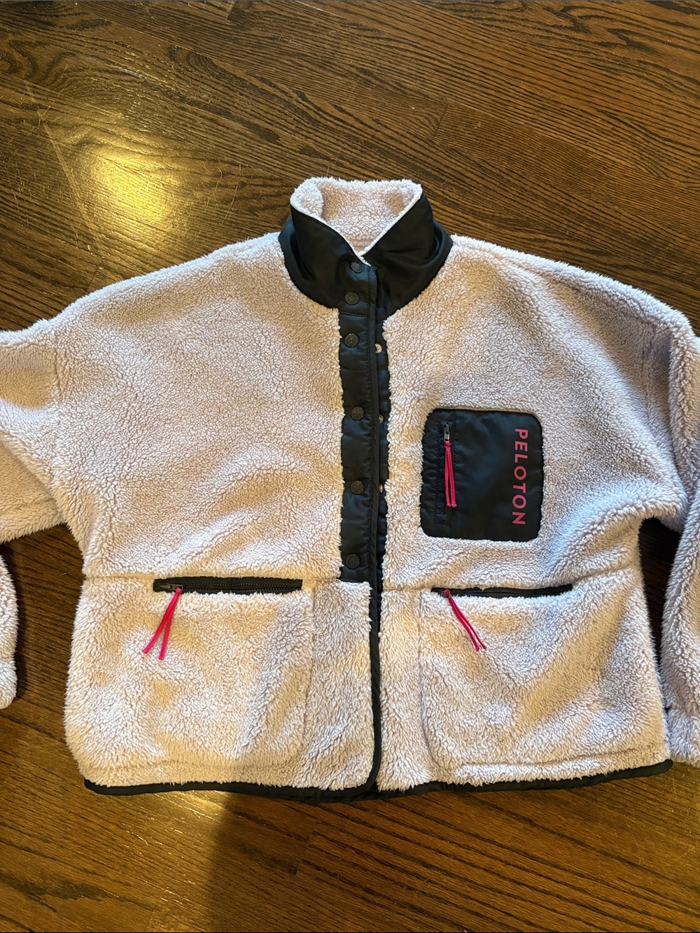 Peloton Lavender Sherpa Puffer Jacket with Navy Trim and Pink Accents